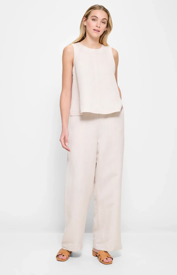 Linen Blend Flat Front Wide Leg Pants