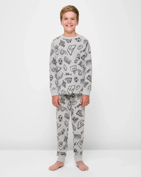 Boys Size 7-16 Australian Cotton Long Sleeve Print Waffle Pyjama Set