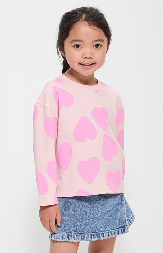 Australian Cotton Long Sleeve Printed Top - Pink Love Heart