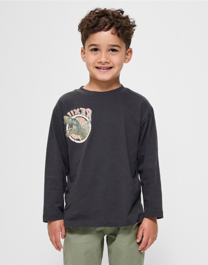 Australian Cotton Long Sleeve Print Top - Charcoal T-Rex