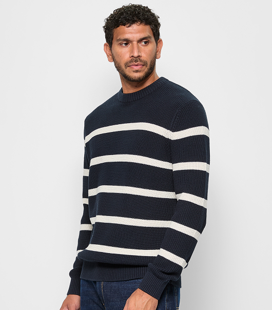 Australian Cotton Knit Fisherman Jumper - Navy / White Stripe