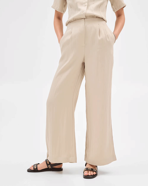 Summer twill pleat waist wide leg pants