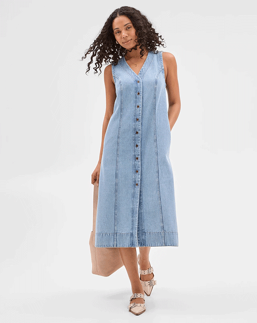 Sleeveless fit and flare denim maxi dress