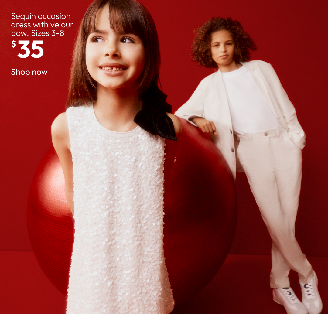 Sequin occasion dress with velour bow. Sizes 3-8