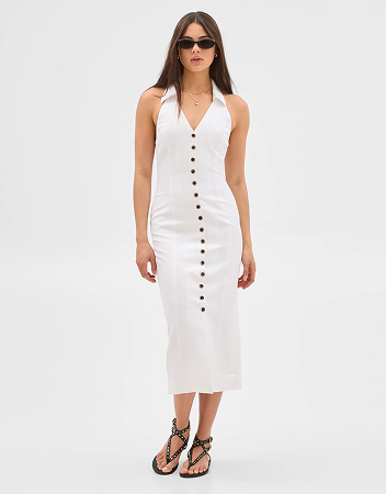 European Linen Blend Collared Midi Dress - Lily Loves - Lily White