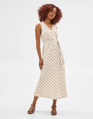 Petites European Linen V-Neck Midi Dress - Chevron Stripe