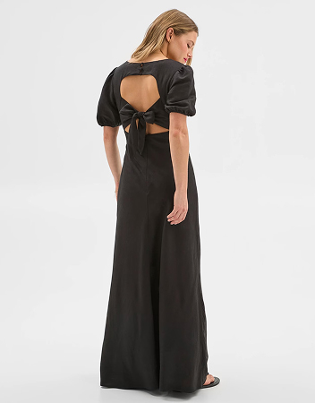 European Linen Blend Puff Sleeve Maxi Dress - Lily Loves - Black