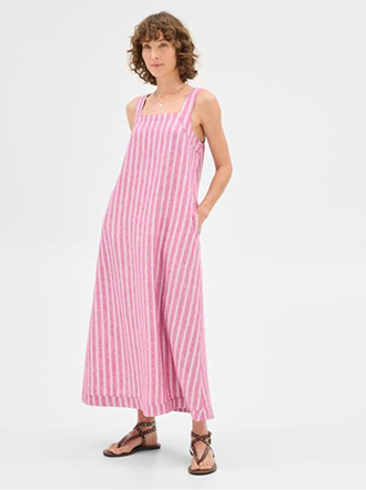 European Linen Sleeveless Stitch Detail Maxi Dress - Stripe