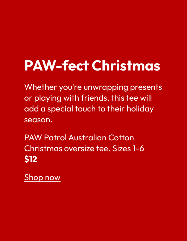 PAW Patrol Australian Cotton Christmas oversize tee. Sizes 1-6