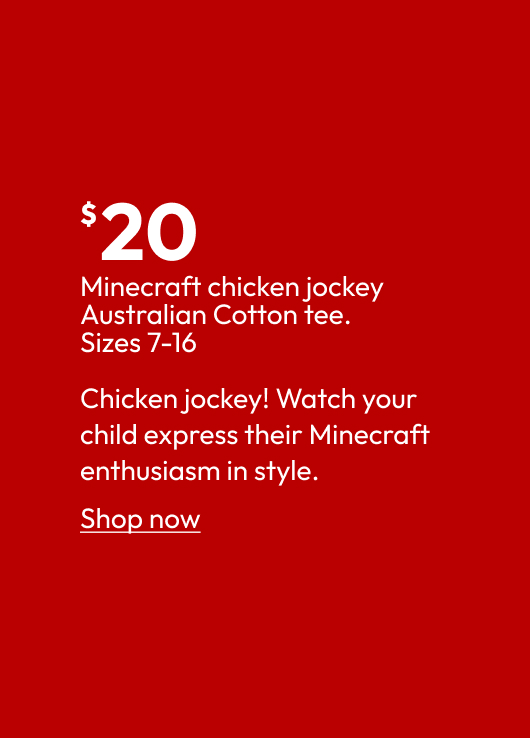 Minecraft chicken jockey Australian Cotton tee. Sizes 7-16