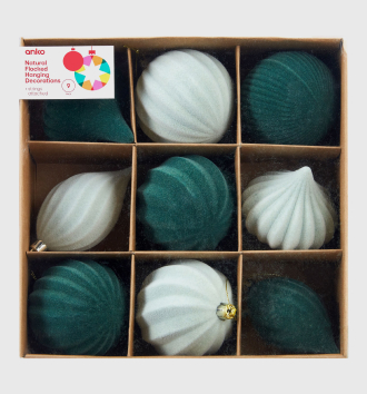 9 pack natural flocked hanging decorations