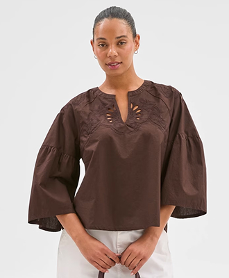 Australian Cotton 3/4 sleeve embroidered cut-out blouse