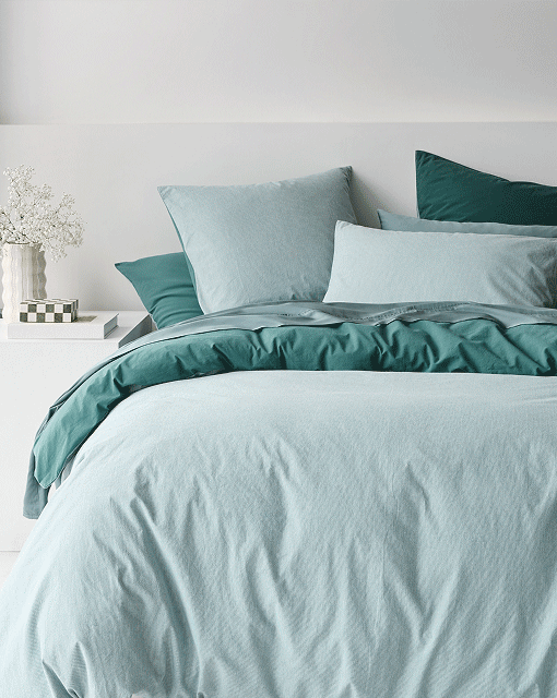 Arlo Cotton Stonewash reversible quilt cover set in teal $70 QB