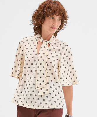 Short sleeve tie neck blouse