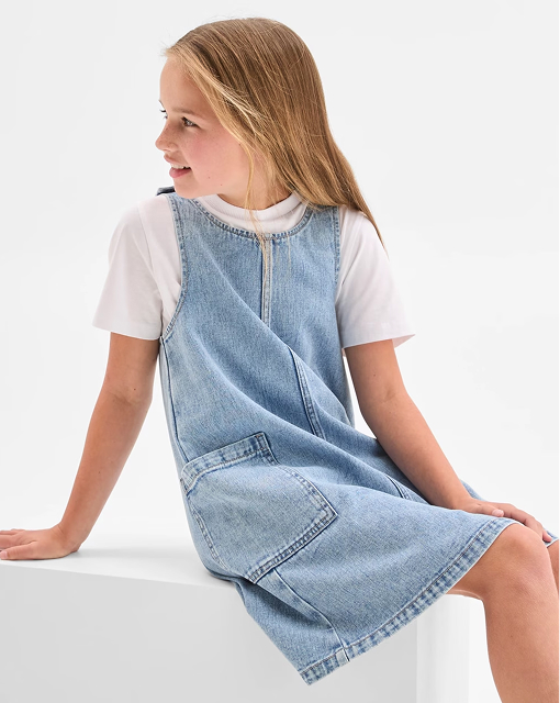 Girls 7-16 denim woven pinafore dress
