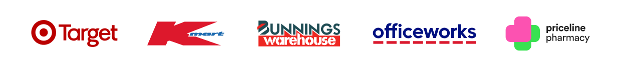 Target, Kmart, Bunnings Warehouse, Officeworks, Priceline Pharmacy