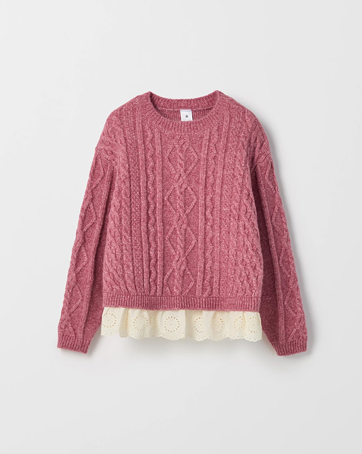 Cable knit lace hem sweater