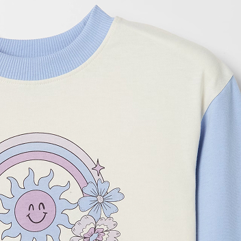 Australian Cotton Long Sleeve T-Shirt - Boho Placement Cream and Colour Block Blue