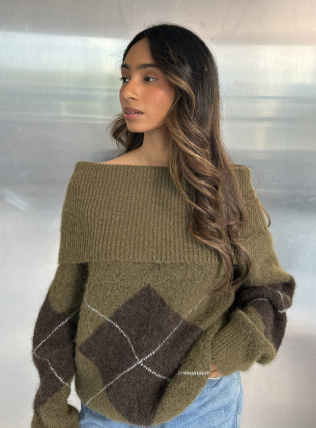 Foldover Neck Argyle Sweater