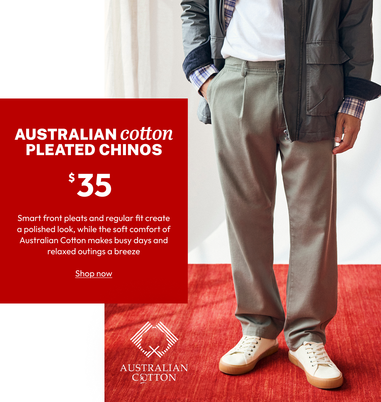 AUSTRAILIAN cotton PLEATED CHINOS