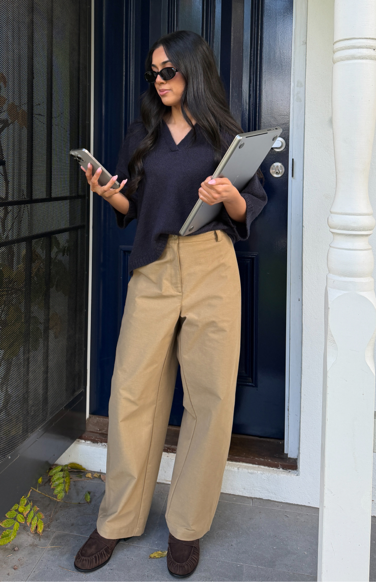 Twist slub polo knit t-shirt | Relaxed forward seam barrel leg pants