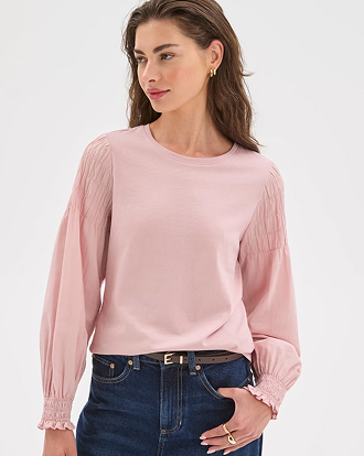 Petites Australian Cotton long sleeve smocked knit/woven top