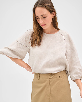 European linen 3/4 sleeve trim detail top