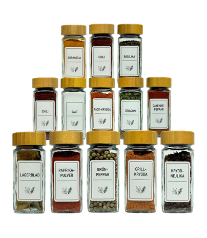 12 pack kryddburkar i glas med bambulock