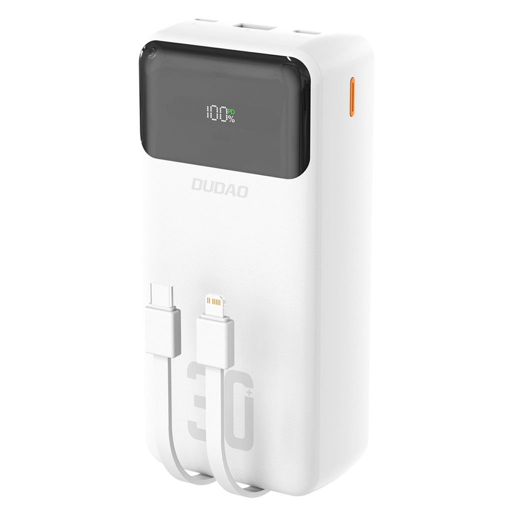 Image of Dudao K15MAX 30000mAh PD 22.5W powerbank med innebygde kabler - hvit