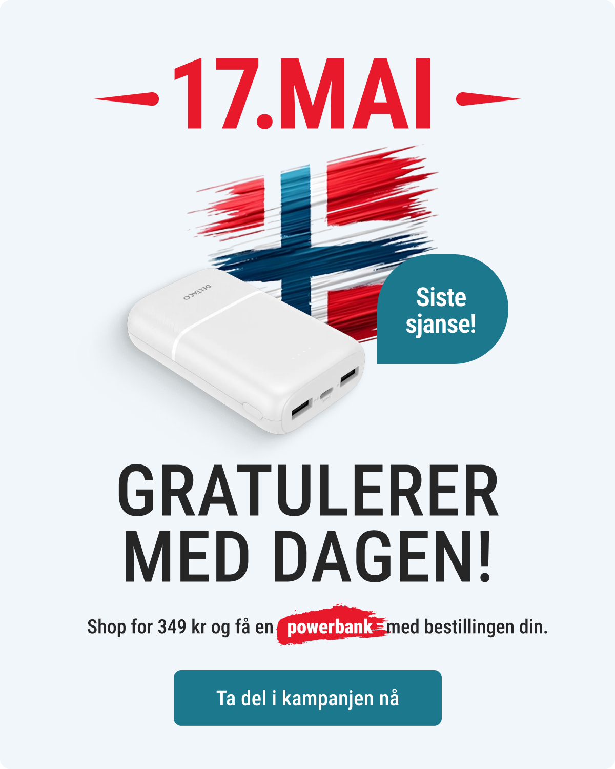 Shop for 349 kr og få en powerbank med bestillingen din
