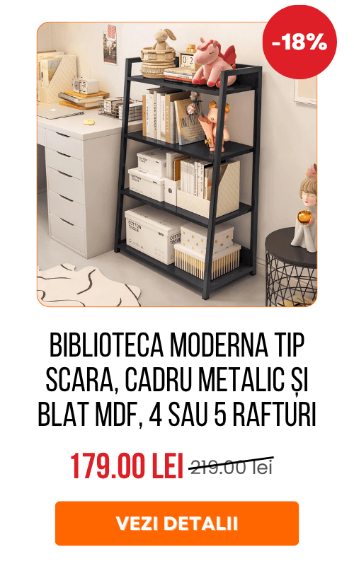 Biblioteca moderna tip scara, cadru metalic și blat MDF, 4 sau 5 rafturi