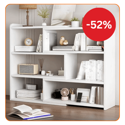 RESIGILAT - Biblioteca cu 6 compartimente, rotativa, cu lungime reglabila si extensibila, (60-120)×17×80cm, alb