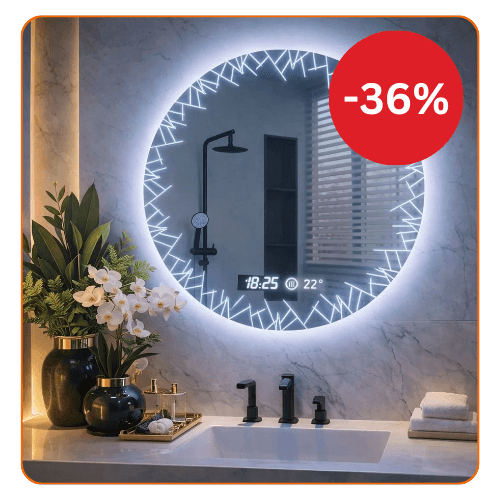 Oglinda LED baie cu dezaburire, ceas si termometru, 60cm