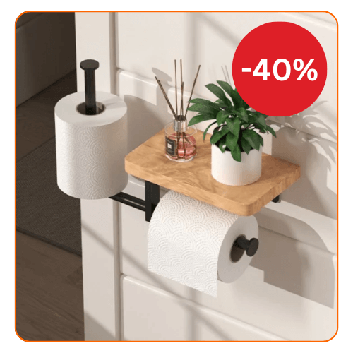 Suport multifunctional pentru hartia igienica din otel si lemn, 2 moduri de montare, negru
