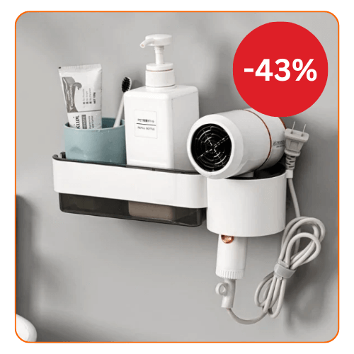 Suport autoadeziv pentru uscatorul de par, pahar pentru articole baie, ABS, 30.5 x 9.6 x 7 , alb