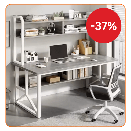 RESIGILAT - Birou cu rafturi integrate pentru laptop sau calculator – 2 polițe de depozitare, cadru metalic – stejar/gri, 140x60 cm