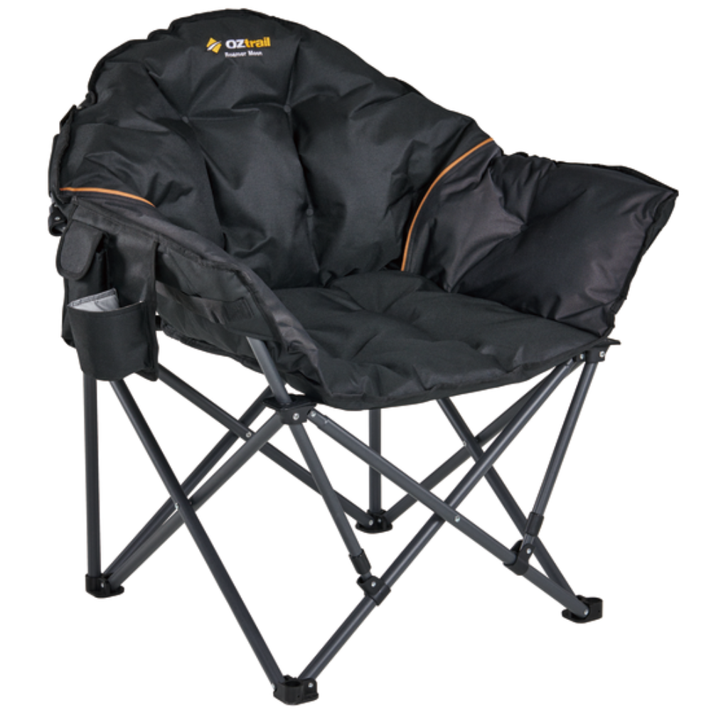 a black folding chair with orange trims
