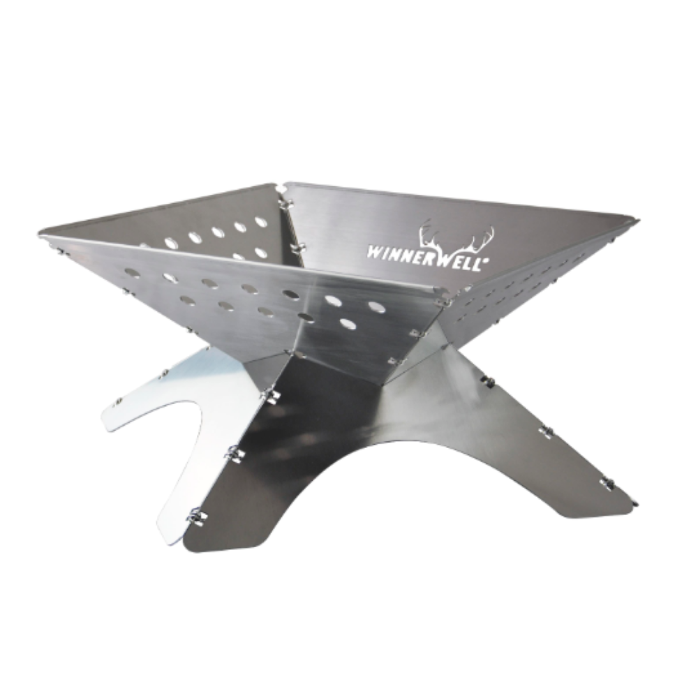 a stainless steel fire pit with a white background