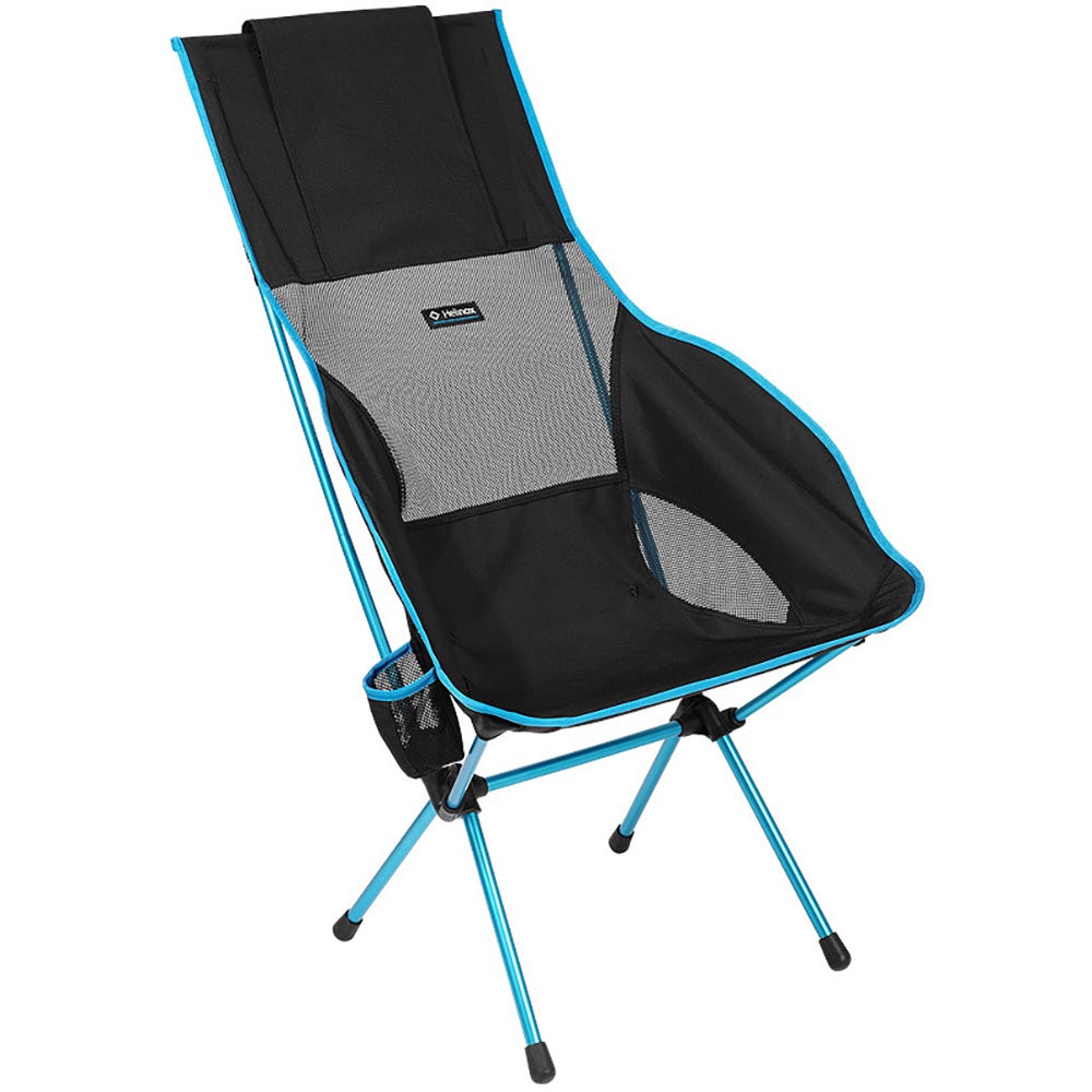 a black and blue camping chair on a white background