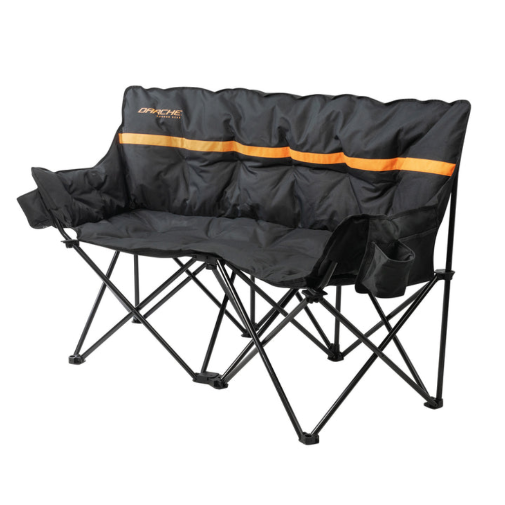 a black and orange folding camping chair