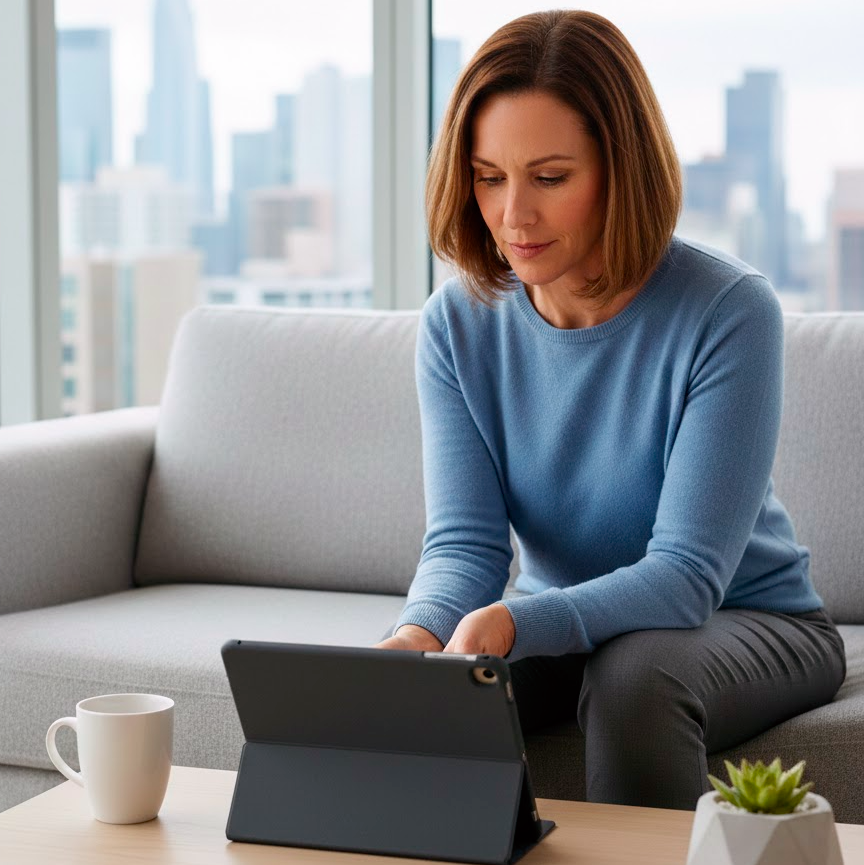 a man and woman looking at video