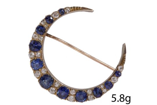 Large Sapphire & Diamond Crescent Brooch