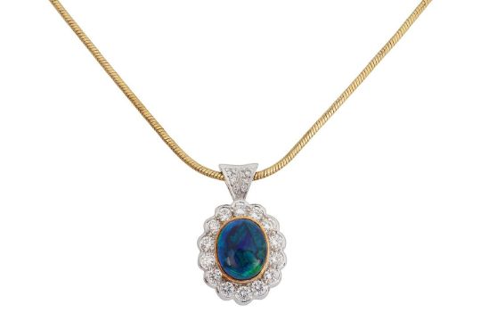 An 18ct gold black opal and diamond cluster pendant