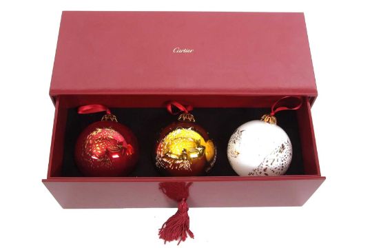 Cartier: A Set Of Three Cartier Glass Christmas Baubles