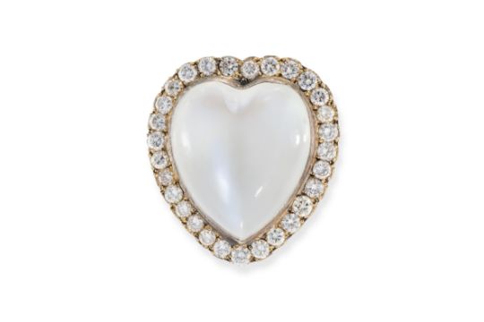 A MOONSTONE AND DIAMOND HEART BROOCH set with a heart