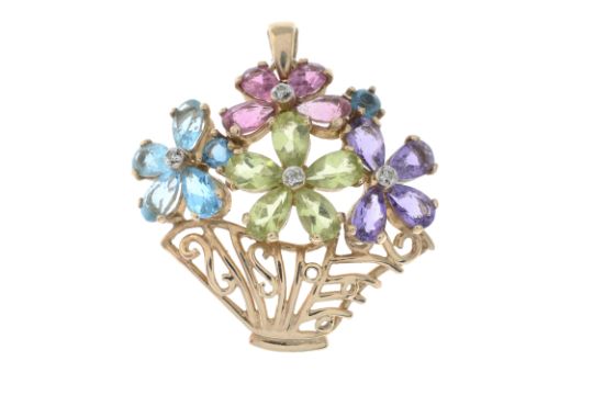 9ct gold gem-set floral basket pendant