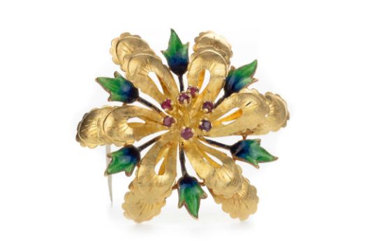 Ruby & Enamel Gold Flower Brooch, 20th Century