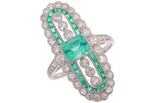 An Art Deco Style Emerald and Diamond Plaque Ring