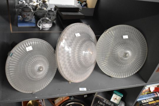 A Quantity Of Three Vintage Holophane Glass Pendant…