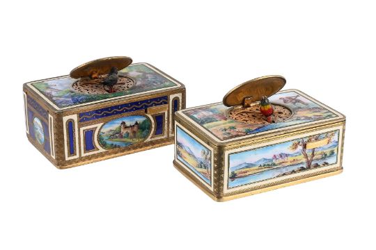 Two German Gilt Metal And Enamel Musical Singing Bird…